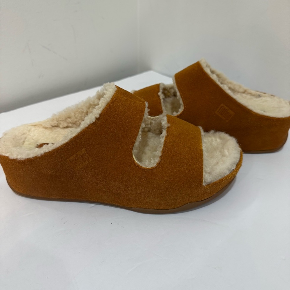 FitFlop Shuv Two-Bar Shearling Suede Slides Tan size 8 - Picture 8 of 9